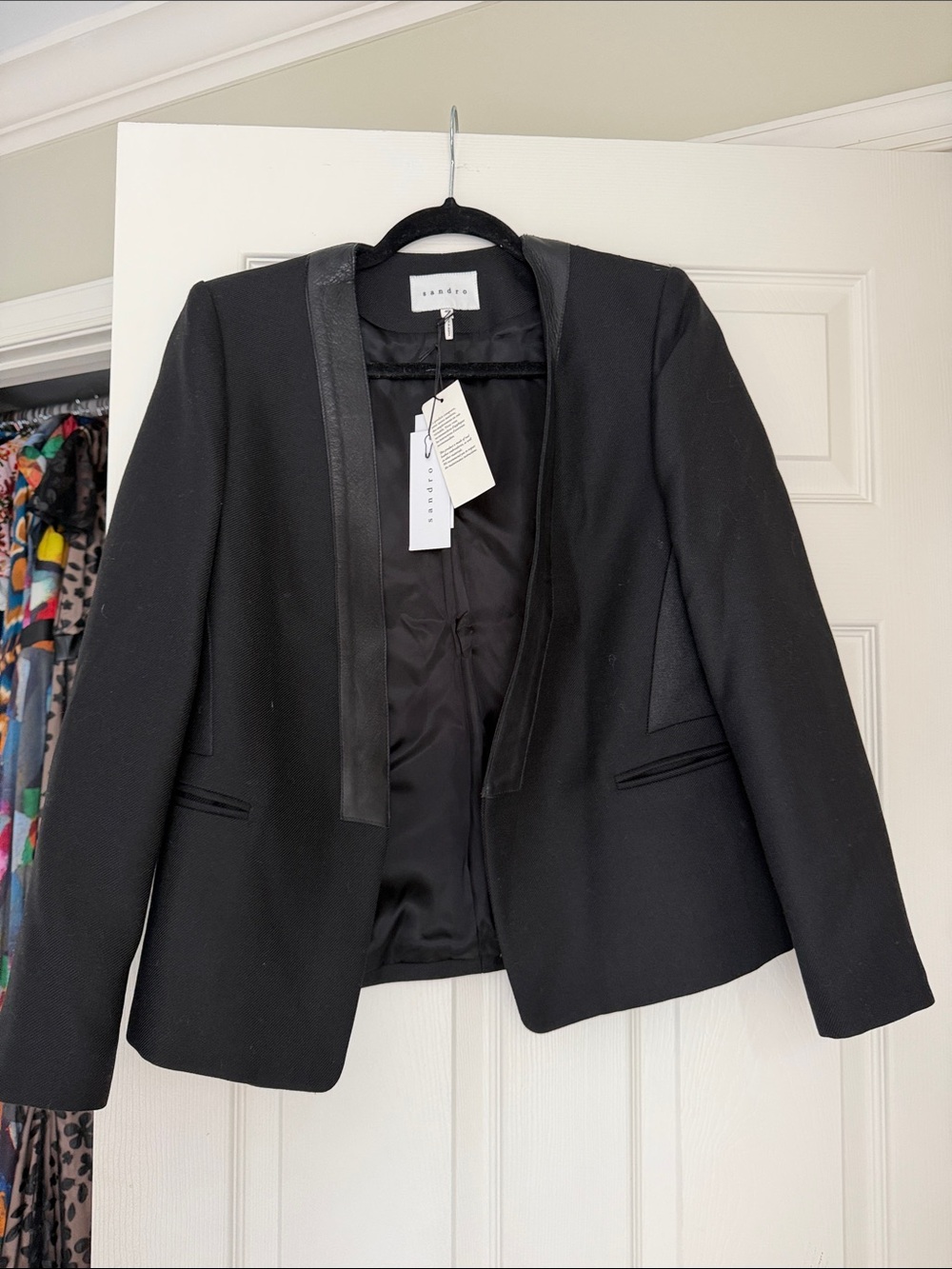 Sandro Black Leather-Trim Open Front Blazer